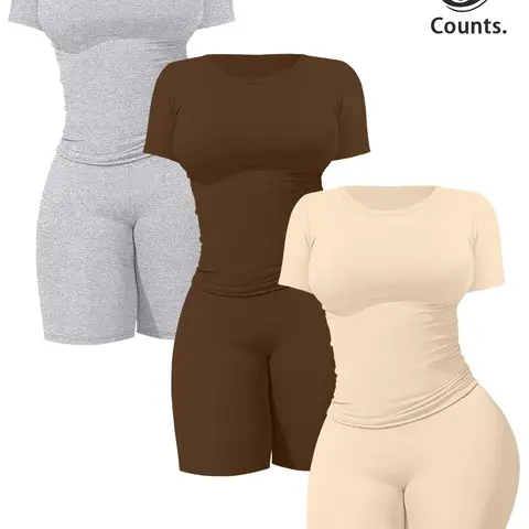 Women's Solid Ribbed Crop Top & Skinny Shorts Set, Casual Comfy Round Neck Short Sleeve Tee & Shorts for Daily Wear, Spring & Fall Clothes, Sportswear for Gym, Sporty Style Outfits, Casual Workout Loungewear