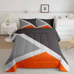 Feelyou Geometric Triangle Microfiber Bedding Set - Quilt with Orange, Dark Grey, Light Grey Tones, Aesthetic Geometry, Luxury Modern Art Style