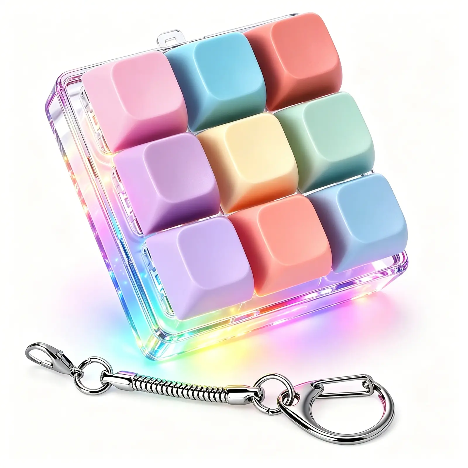 Mini Pastel Colorful Macaron LED Light-Up Mechanical Keyboard Fidget Toy Keychain - 9-Key Clicky Push Bubble Sensory Toy, Stress Relief Tool for Kids, Holiday Gift with Fidget Keyboard Clicker Functionality, Keychain Fidget Clicker Fidgeting Fidgettoys