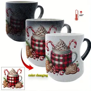 Christmas Plaid Heart-Shaped Handle Ceramic Color-Changing Mug Thermosensitive Ceramic Mug Halloween Magic Mug Interesting cup, 11 oz / 330 ml, Holiday Hot Chocolate Cup with Gingerbread Man and Candy CanesIdeal gift for Christmas, Valentine's Day, T
