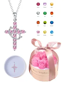 12 Colors CZ Birthstone Crown Cross Necklace With Pink Roses Basket Jewelry Gift Box, Colorful Trendy Cross Pendant Necklace for Women, Faith Jewelry Gift for Christian Wife Mom Girlfriend