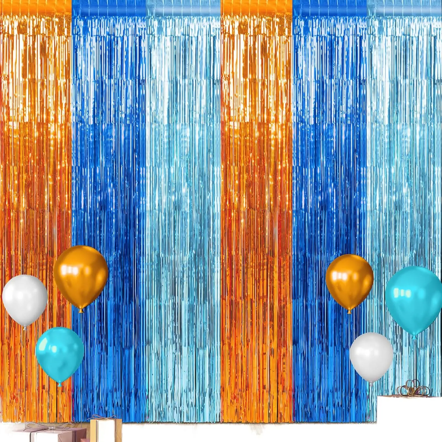 3 Pack 3.3X6.6Ft Blue  Foil Fringe Curtains Backdrop Decorations, Orange and Light Blue Birthday Party Tinsel Metallic Streamers Photo Booth Background for  Theme Party Supplies