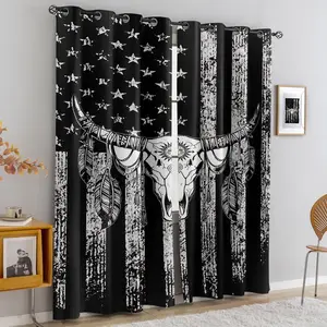 Western Bull Skull Feather Flag Blackout Curtains, Heavy Duty Light Blocking  Rate 80%-90% Darkening Curtains, Distressed Grunge Star‑Striped Cow Skull Tribal Pattern Curtains for Bedroom, Living Room, Farmhouse Rustic Home Decor, 2 Panels
