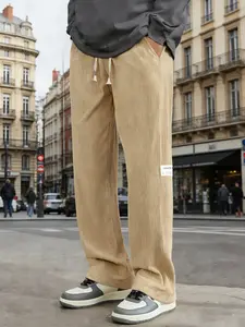 Velvet Straight Leg Pants, Solid Color Vintage Pockets, Drawstring Waist, Breathable Velvet Long Pants, Casual Daily Wear