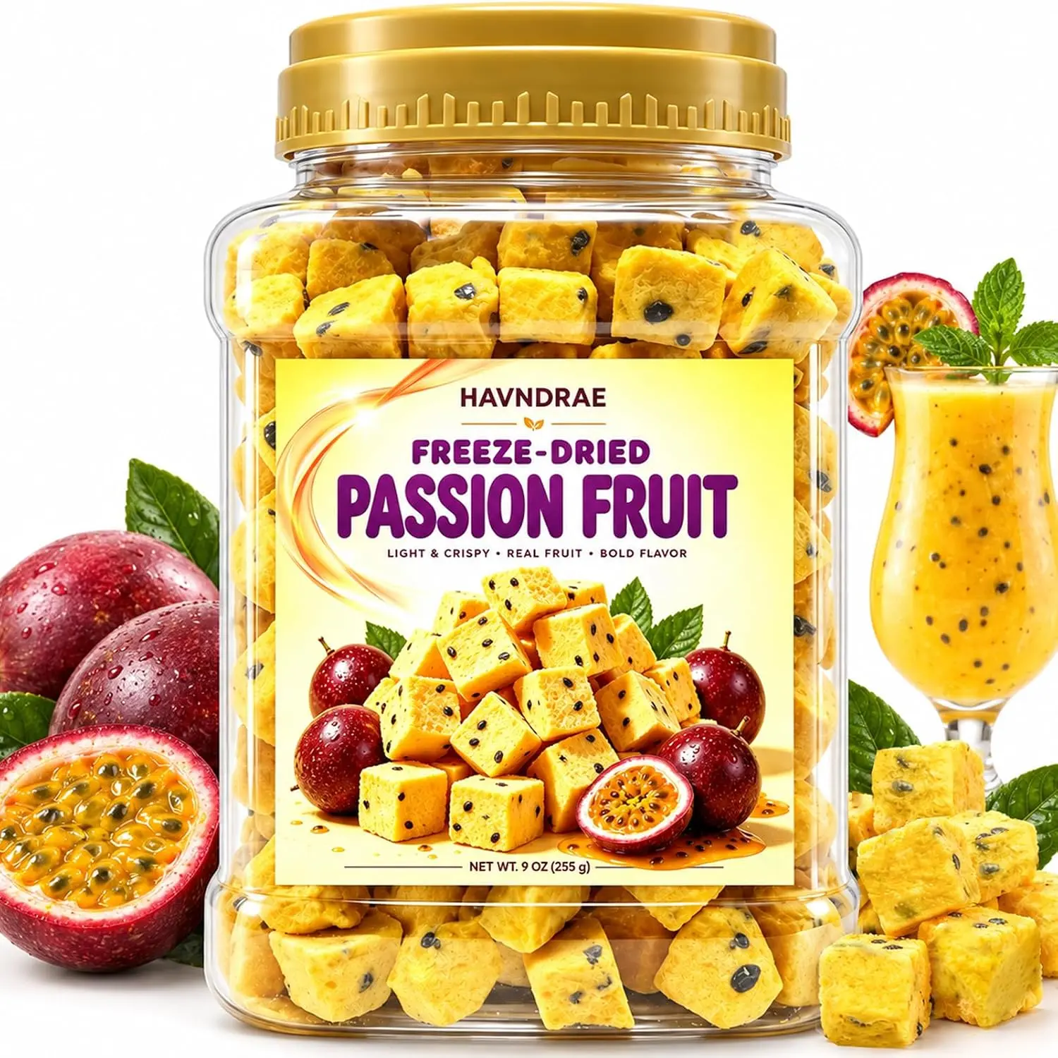 9oz Freeze-Dried Passion Fruit Cubes, Sweet Dry Natural Crispy Tropical Plant-Based Gluten-Free Snack