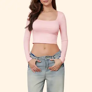 Women's Long Sleeve Square Neck Crop Top – Trendy Summer Outfit, Slim Fit 2-Piece Set, Casual Beach & Going Out Wear