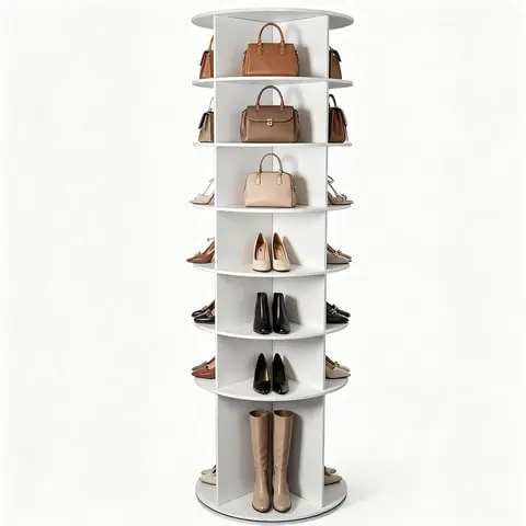 White 7-Tier Rotating Shoe Rack Tower, 360° Spinning Free Standing Shoe Organizer with High Bottom Design, Lazy Susan Revolving Storage Rack, Holds 28 Pairs of Shoes for Entryway & Closet