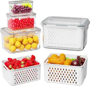 Kitchen Washing Drain Basket 4PCS 6PCS Removable Strainer Airtight Leakproof Dustproof BPA Free Fresh Keeper Food Storage Container for Fruit Vegetable