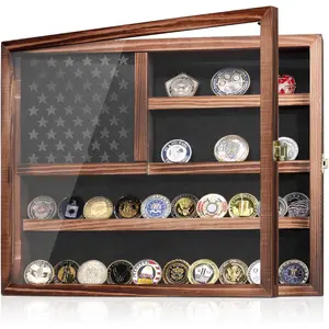 Coin display case, lockable military coin holder cabinet with removable foam board and an HD tempered glass door, solid wood wall-mounted coin collection rack stand