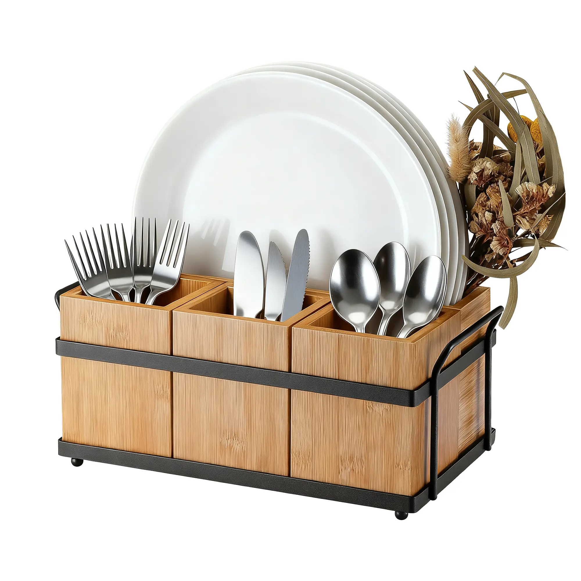 4-in-1 Bamboo Utensil Caddy Cutlery Holder - Portable Flatware Organizer, Napkin & Plate Storage with Iron Frame for Kitchen Accessories, BBQ & Camping