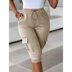 Women'S Casual Drawstring Waist Shorts - Red, Comfortable Stretch Fabric, Multiple Pockets, Fit Womenswear Polyester Khaki Bottom