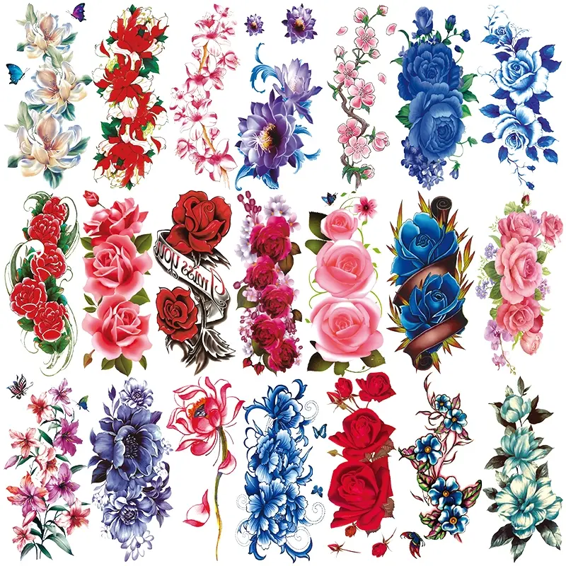 21 Colorful Floral Temporary Tattoos for Women, Waterproof Long-Lasting 3D Bright Flower Tattoo Stickers, Rose Peach Chrysanthemum Designs, Fake Tattoos