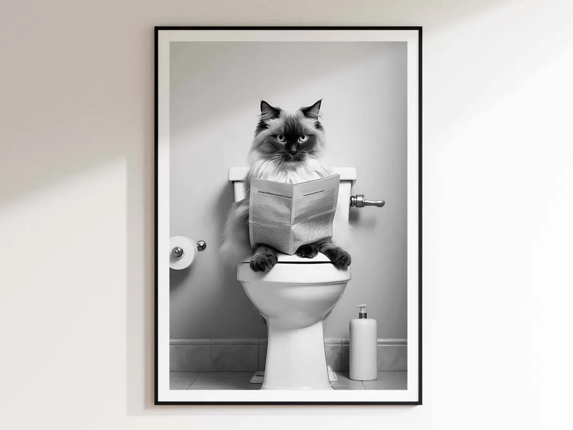 Lovers Bathroom Wall Art Cat Reading Newspaper Animal Posters Funny Toilet Prints Poster Prints Decor Housewarming Gift For Her For Him