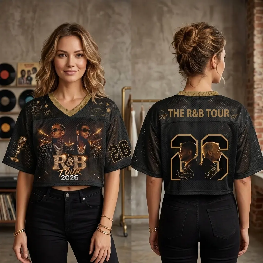 Raymond And Brown R&B Tour Mesh Crop Jersey, Bold Black Gold Tour Portrait Print, Ideal Gift for R&B Music Fans