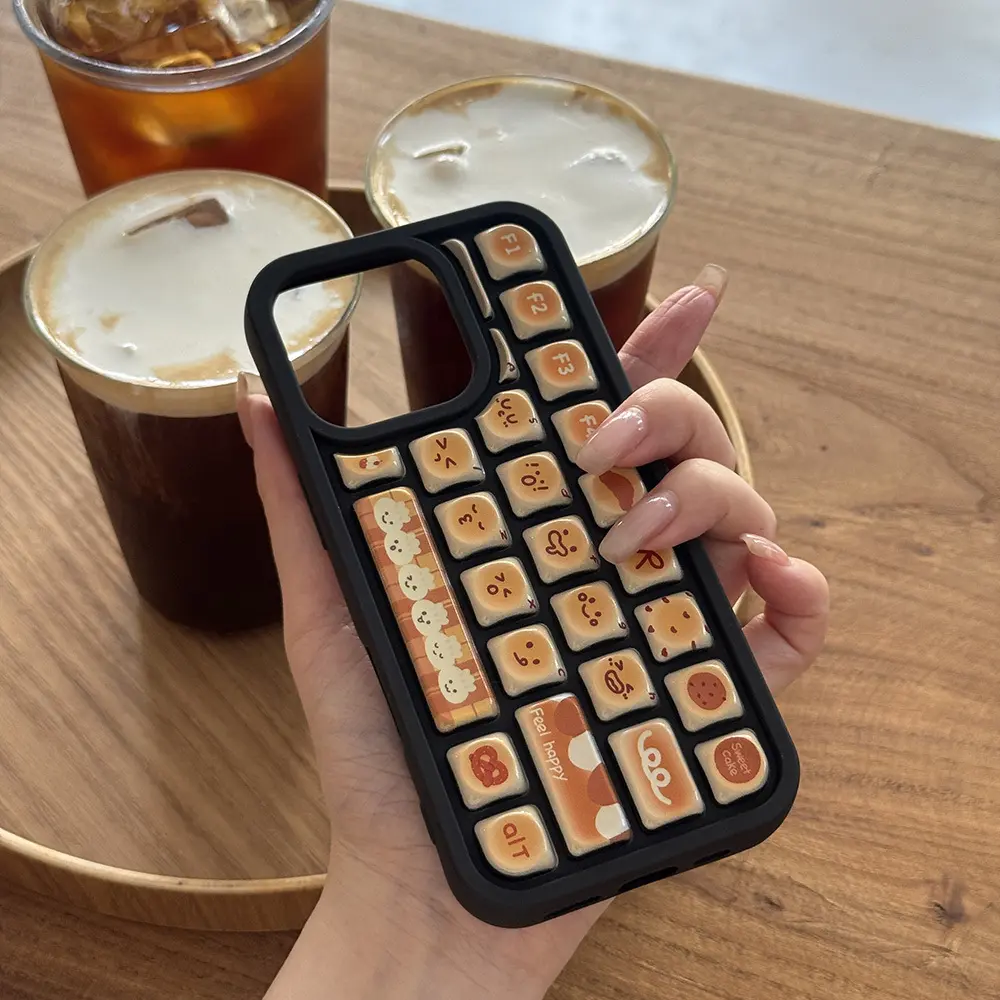 Retro Silicone Coffee Keyboard Phone Case with Keycap Grid Bumper, Waterproof Multi-Model Accessory for iPhone Series (17,16,15,14,13,12,11,X,Plus,Pro,Max), Café Lover Gift