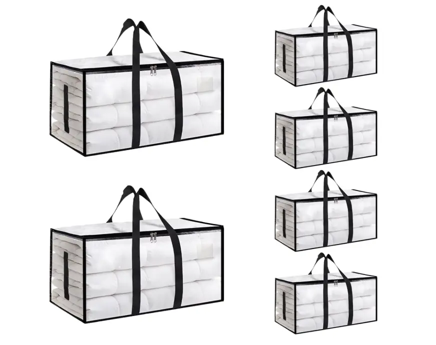 6 Pack Premium Extra Large Moving Bags with Lids Heavy Duty Clear Storage Totes Waterproof Flexible Woven Fabric Reinforced Handles Zipper Reusable Packing Bags for Moving Clothes Dorms Home Organization