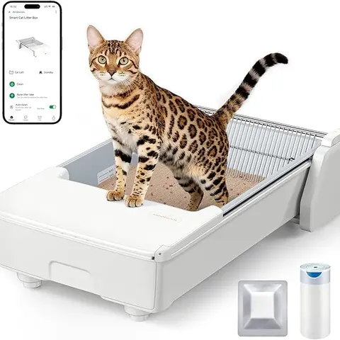 Meowant SC03 Smart Automatic Self-Cleaning Litter Box - X-Large White, 27.5" XL Space, 3-Motor System, Dual Rake, Anti-Pinch Tech, Wi-Fi Control, Clumping Litter Odor Control Solutions, Airtight Waste Bin, Home Style for Multiple Cats, Work Safety Warning