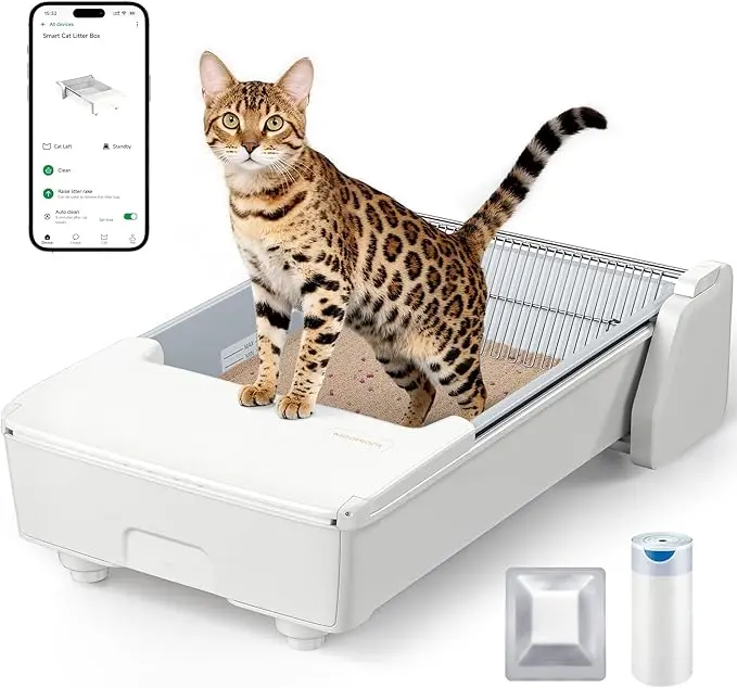 Meowant SC03 Smart Automatic Self-Cleaning Litter Box - X-Large White, 3-Motor System, Dual Rake, Anti-Pinch Tech, Wi-Fi Control, Clumping Litter Odor Control, Home Style for Multiple Cats, Smart Litter Box, Automatic Litter Box,back to school,sohochic