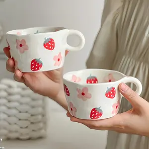 Strawberry Sakura Ceramic Cup, Heart-Shaped Coffee Tea Mug, Anime Girl Gift, Sustainable Eco-Friendly Design, Suitable for Dormitory Office Teatime