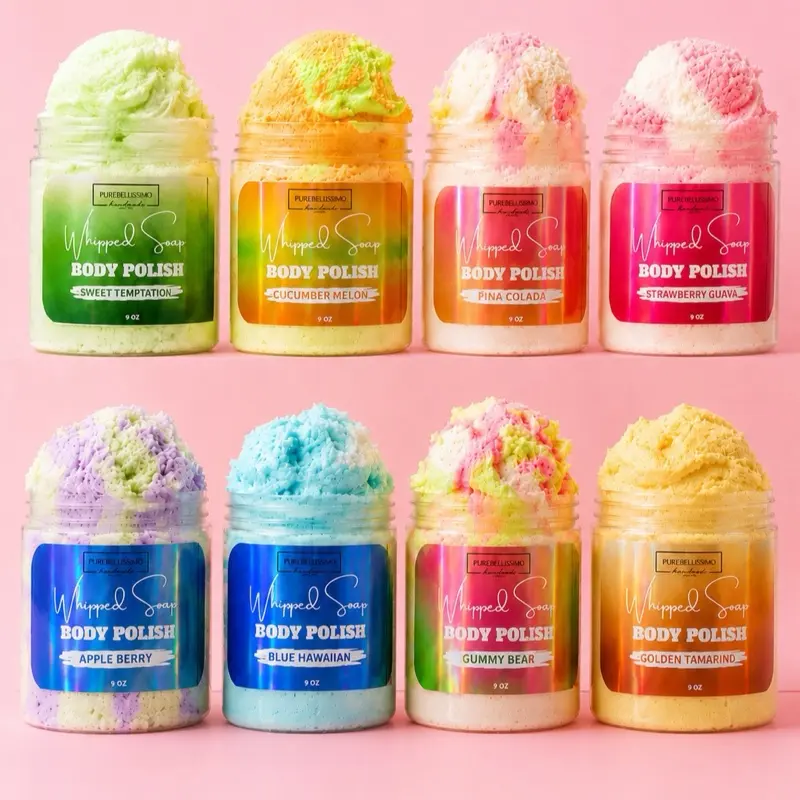 PureBellissimo 8-Piece Whipped Soap Body Polish Set, 9 oz Handmade Exfoliating Sugar Scrubs