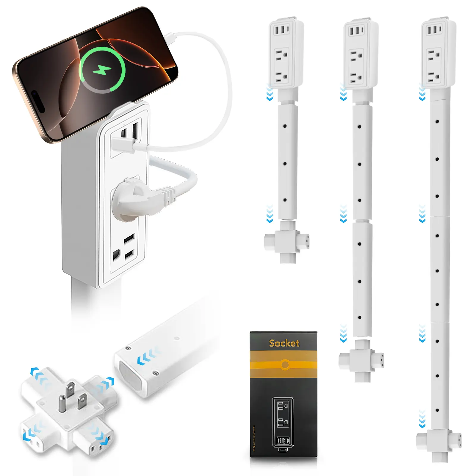 Amazpro Extendable Outlet Extender Stick with 2 AC Outlets, 2 USB-A & 1 USB-C, 9–45 in Adjustable Wall Plug Extension for Nightstands, Sofas & Desks