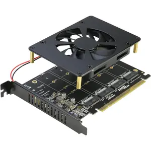 Quad NVMe PCIe Adapter,  4 Ports M.2 NVMe SSD to PCI-e 4.0/3.0 x16 Card with Fan Support 2280/2260/2242/2230 NVMe SSD (PCI-e Bifurcation Required)