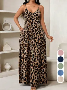 Women's Leopard Print Dress, Sleeveless V Neck Design, Loose Fit Casual Vacation Wear, Daily Fashion Clothing Tksp063