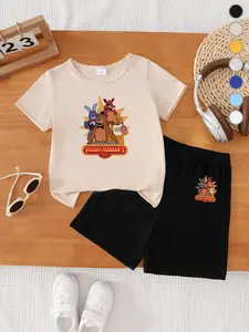 Summer Boys' T-Shirt Short Sleeve + Loose Shorts Set, Freddy Fazbear Print, Vibrant Colors, Comfortable Fit, Casual Wear