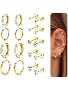 14K Gold Earrings for Women, Hypoallergenic Small Huggie Hoop Earrings, Dainty Earrings for Multiple Piercing, Flat Back, Stud Earrings Lobe Helix Cartilage Earring Sets Tiny Ball CZ Gold/Silver