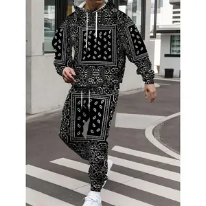 Men’s Vintage Printed Hoodie Set – Thick, warm long-sleeve pullover with a kangaroo pocket and loose drawstring pants; casual style; polyester fabric; fall/winter wear; winter casual wear | Vintage Print Hoodie | Knit construction; essential hoodie