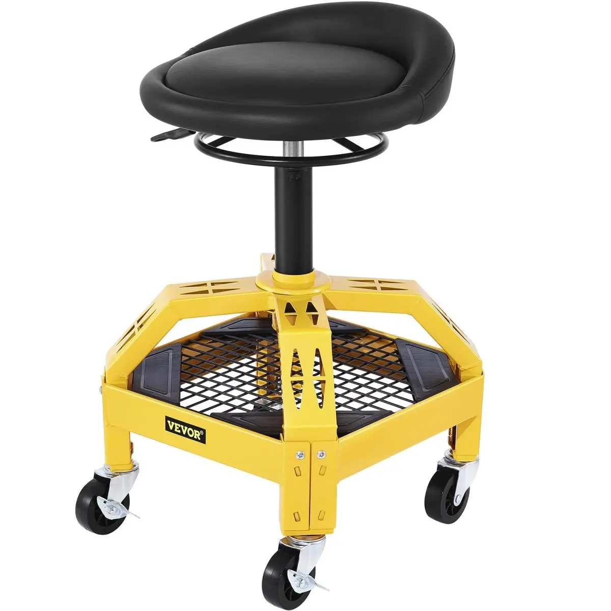 VEVOR Height-Adjustable Rolling Garage Seat - 24-28.7 in. Height Range, Yellow, Steel Frame, Commercial Workshop Seat, Height Adjust