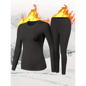 1 Set Women's Thermal Underwear-Super Soft Polyester round Neck Long Sleeve Top and Pants, Casual Solid Color Knitted Fabric, Warm Inner Layer for Skiing Autumn and Winter