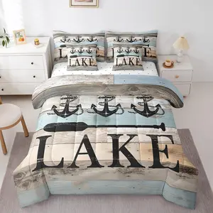 Feelyou 7-Piece Lake Themed Bed-in-a-Bag Set - Breathable Fabric Bedding with Nautical Anchor Comforter, Farmhouse Wooden Panel Paddle Quilt, Flat Sheet, Fitted Sheet, Pillow Covers, Multi-Size Camper Gift, Seven Pieces