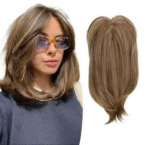 Hair Topper 12inch Clip in Synthetic Hair Toppers for Women with Thinning Hair Layered 6"X6" Big Base Toppers Light Brown with Highlights Hair Pieces for Women Daily Wear