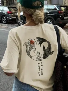 Women's Koi Fish Print Round Neck Tee, Casual Short Sleeve T-shirt for Daily Wear, Ladies Summer Clothes, Top