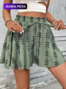 Women's All Over Print Knot Front Shorts, Casual Fashionable Shorts for Summer, Women's Bottoms for Daily Wear, Drawstring Beach Shorts