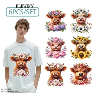 6 Sheets Highland Cow Flower Iron on Transfers, Handicraft, DTF Transfers Ready to Press Heat Transfer Papers, Ideal for T-Shirts, Hoodies, Jeans, Backpacks & Pillows, Machine Washable Plastic Transfer Papers