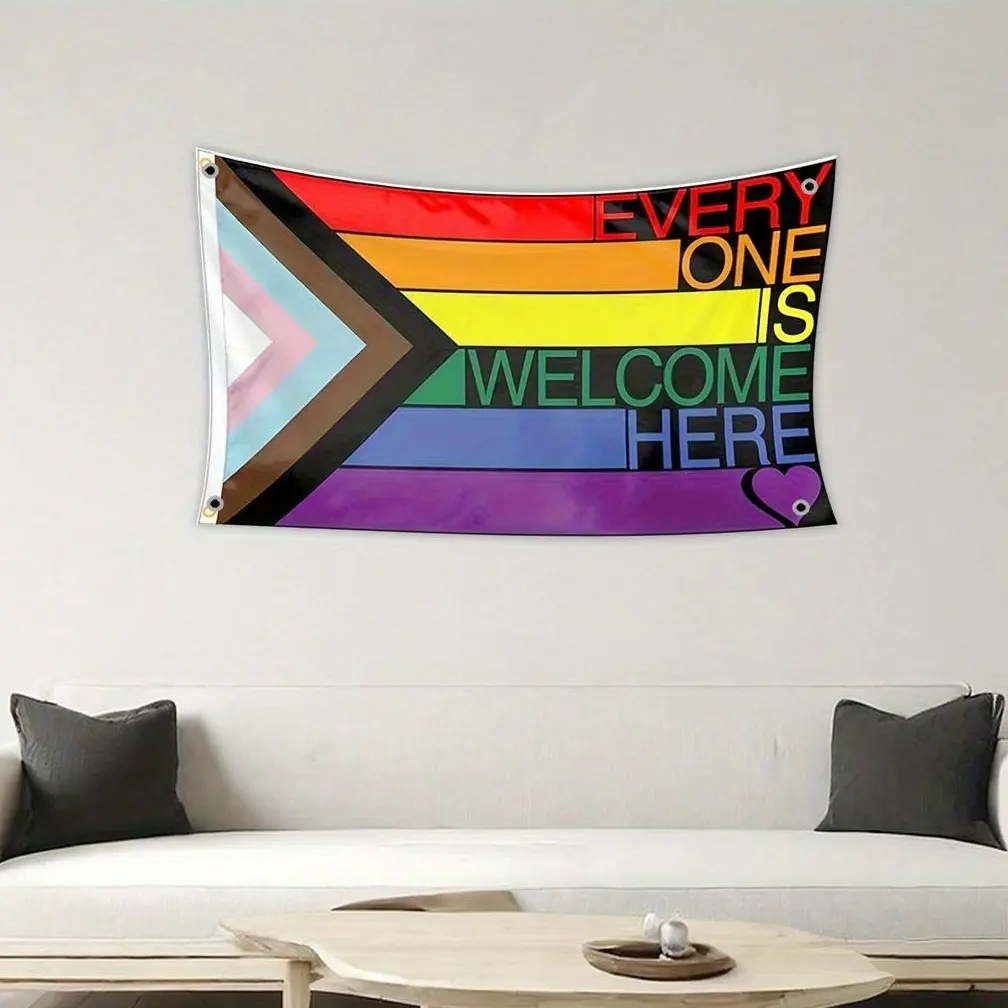 LGBTQ+ Pride Polyester Banner, 3*5ft Rectangle Hangable Banner, Lightweight Durable Fade-Resistant Polyester, Vibrant Print Handprint Design with "Everyone Is Welcome Here", Indoors Outdoor Party Decor & Home Gift