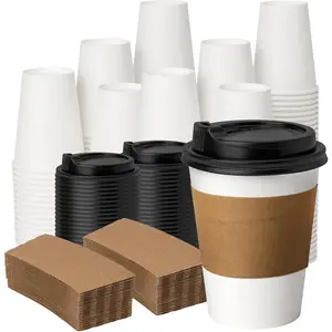 12 oz 100 Pack Disposable Paper Coffee Cups with Lids & Sleeves, To Go Hot Cups for Coffee, Hot Liquid, Chocolate, Juice, Hot Beverage Drinking Cup, Ideal for Cafes, Bistros