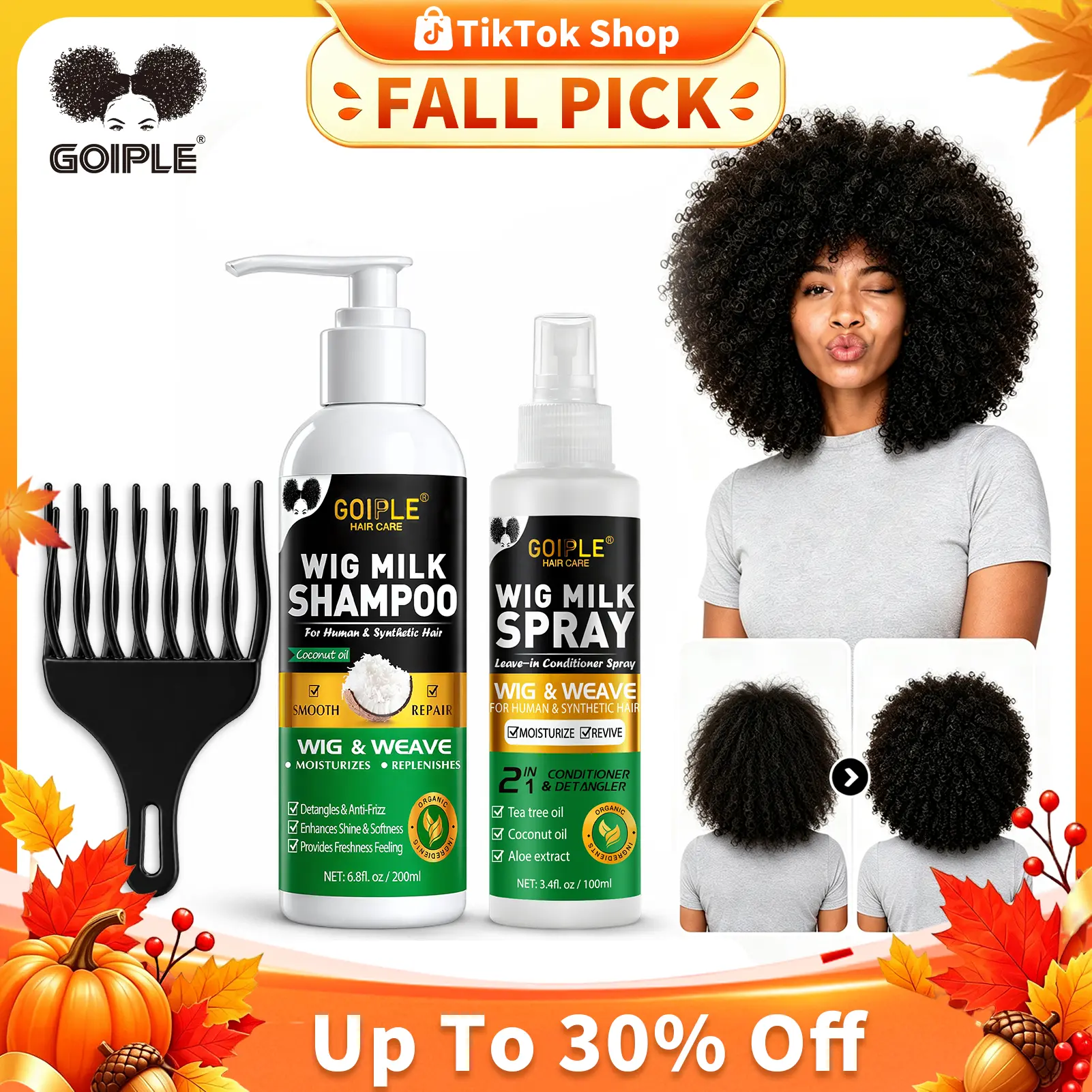 GOIPLE 4-Step Hair Care Kit Set, Shampoo + Leave-In Spray + Serum + Detangling Brush, for Human Hair Wigs & Synthetic Wigs, Cleans, Smooths & Delivers Clean Shine Daily