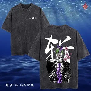 Vintage Washed Samurai Graphic Tee, Heavyweight Oversized Streetwear T-Shirt, Relaxed Fit Vintage Fade Cotton Shirt, Unisex Y2K Gym Pump Cover, Anime Inspired Casual Wear