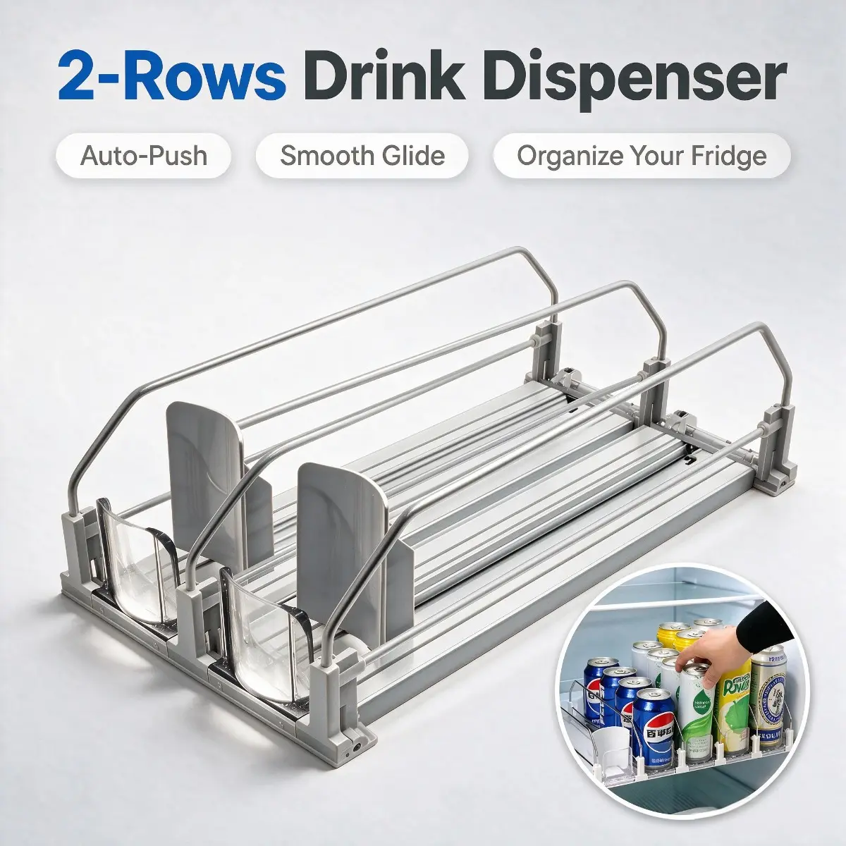 Can Dispenser Organizer 2 Row Spring Loaded Soda Beverage Pusher Gravity Feed Sliding Adjustable Plastic Rack Fridge Shelf