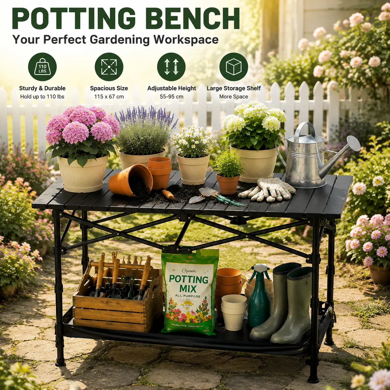 Garden Oasis Folding Table with Storage Shelves for Potting Mix & Gardening Tools - Perfect for Outdoor Activities