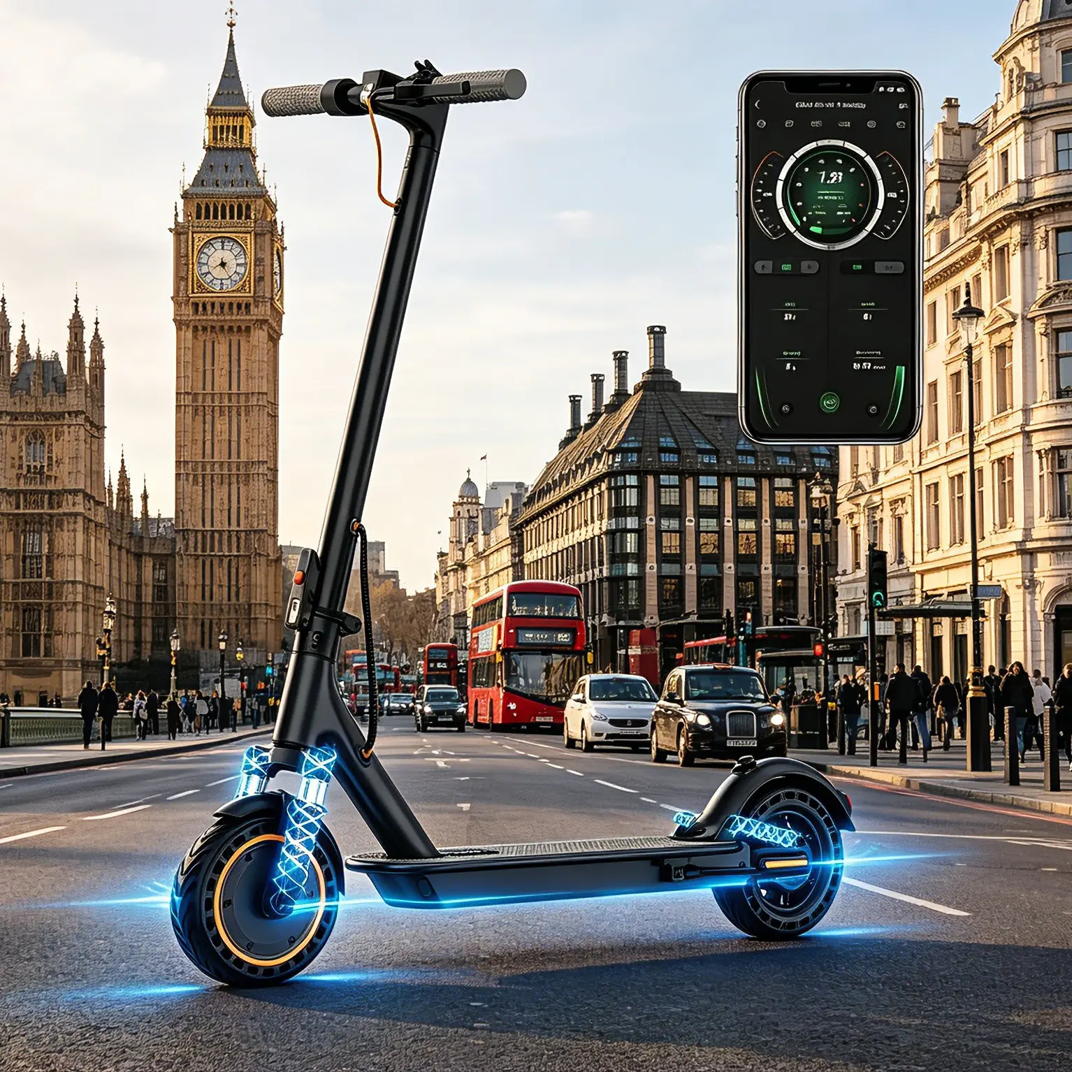 A Foldable Electric Kick Scooter with App Support, 36V 10.5AH Battery, 8.5-Inch Solid Tires, Dual Suspension, Fast Charging for Urban Daily Commuting brake