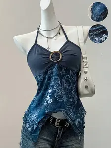 VYNCE Summer Country Concert Retro Print Mesh Backless Halter Neck Top