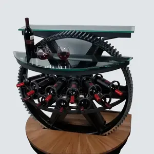 Wine Rack Gear Wall Table with Two Glass Shelves - Industrial Design Sycamore Wood Base 11 Bottle Capacity Elegant & Functional - Stylish