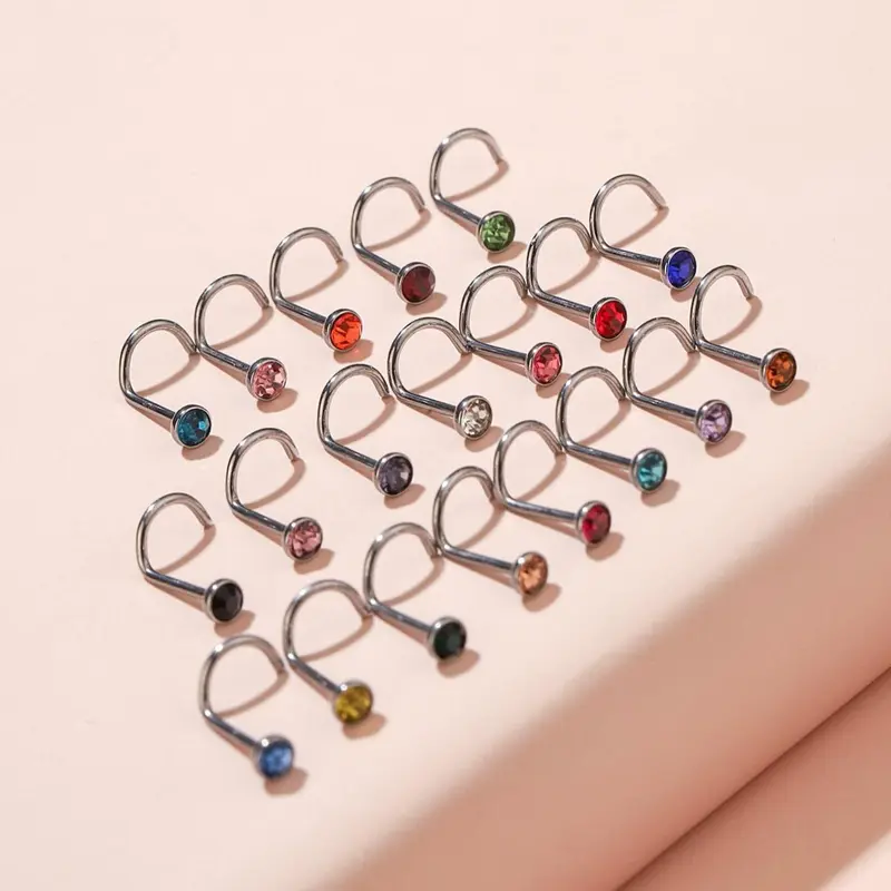 Rhinestone Decor Nose Ring (20pcs/set), Punk Style Stainless Steel Nose Ring, Fashionable Body Jewelry for Men & Women, Nose Piercings Kit, Nose Rings Set, Nose Rings Hoops, Body Jewellery