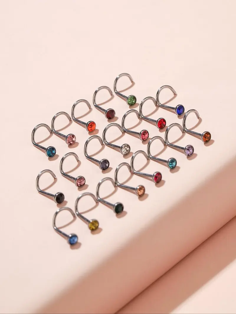 Rhinestone Decor Nose Ring (20pcs/set), Punk Style Stainless Steel Nose Ring, Fashionable Body Jewelry for Men & Women, Nose Piercings Kit