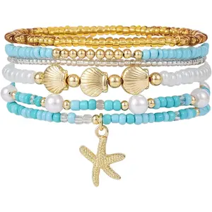 Shell Bracelet Seashell Boho Beaded Stretch Bracelets for Women Summer Beach Bracelets Starfish Charm Bracelet Stackable Gold Plated Bracelets Set for Women