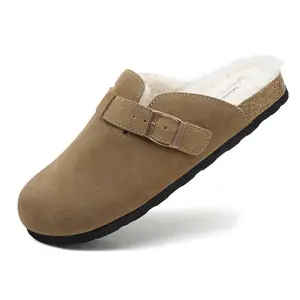 VENECORE Erica Women's Clogs - Genuine Cow Suede Leather, Cork Footbed, Soft Suede, Faux Fur Lined, Comfort Cushioned Mule Slide Shoes for Everyday Wear - Rubber - Padded